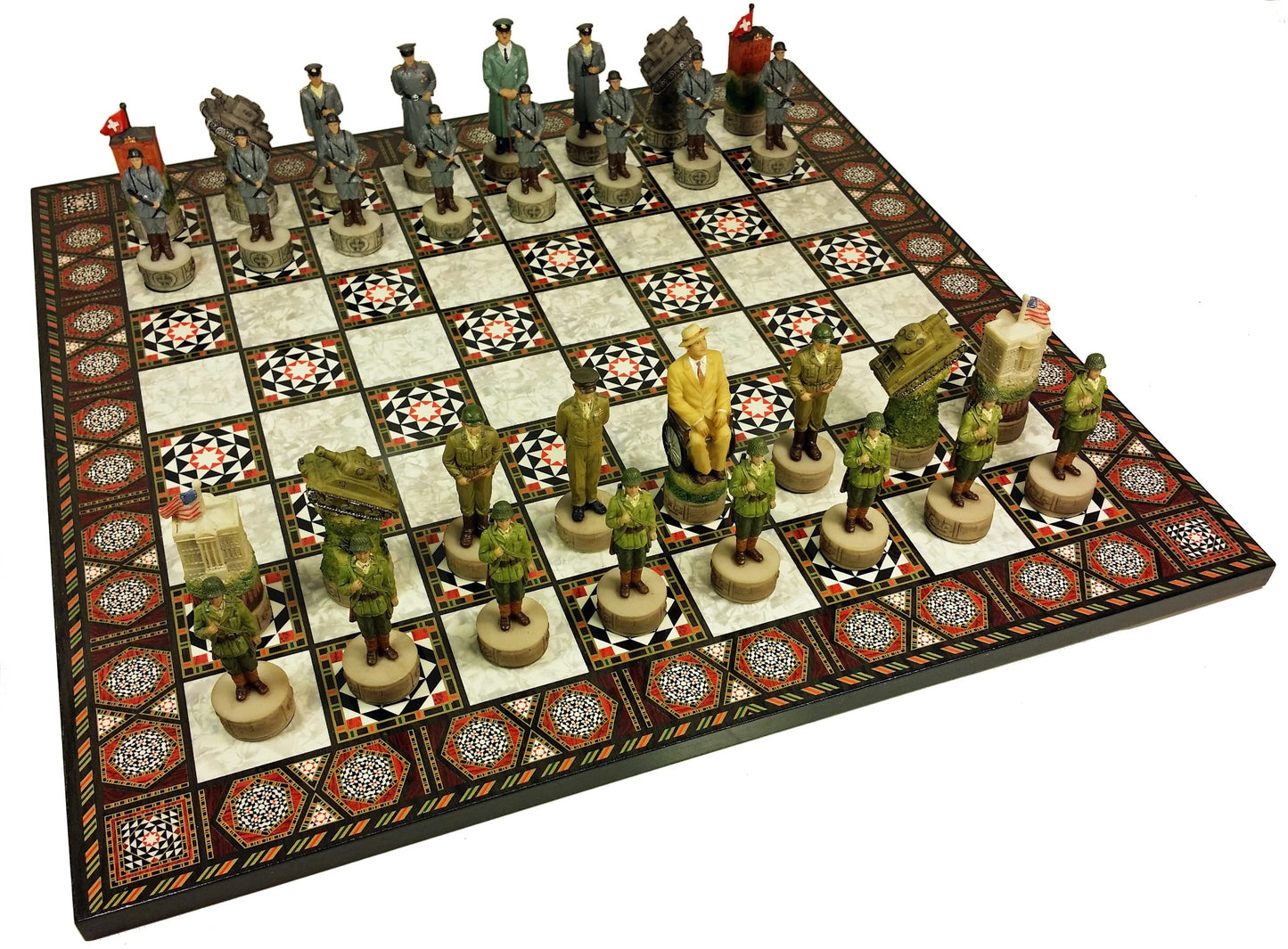 WW2 US vs GERMANY CHESS SET W/ 17" Mosaic Color Board World War 2