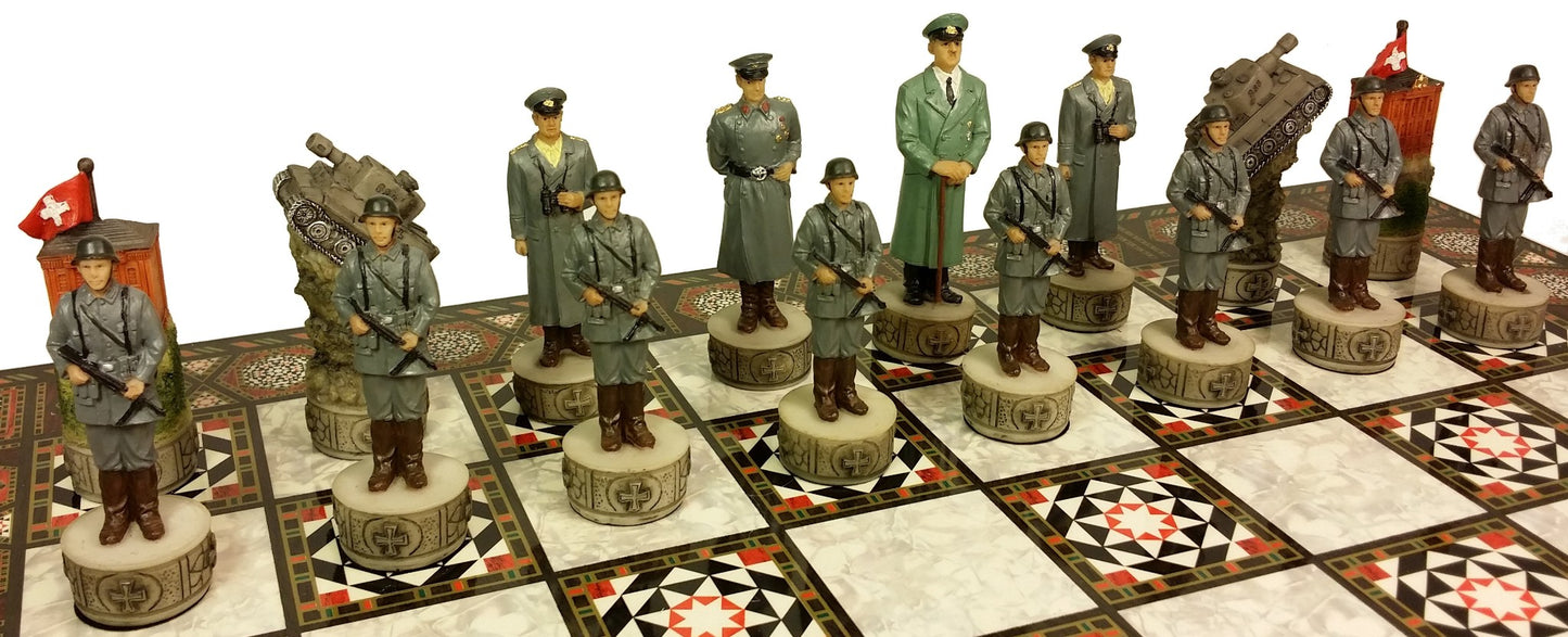 WW2 US vs GERMANY CHESS SET W/ 17" Mosaic Color Board World War 2