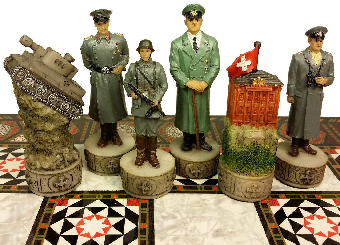 WW2 US vs GERMANY CHESS SET W/ 17" Mosaic Color Board World War 2