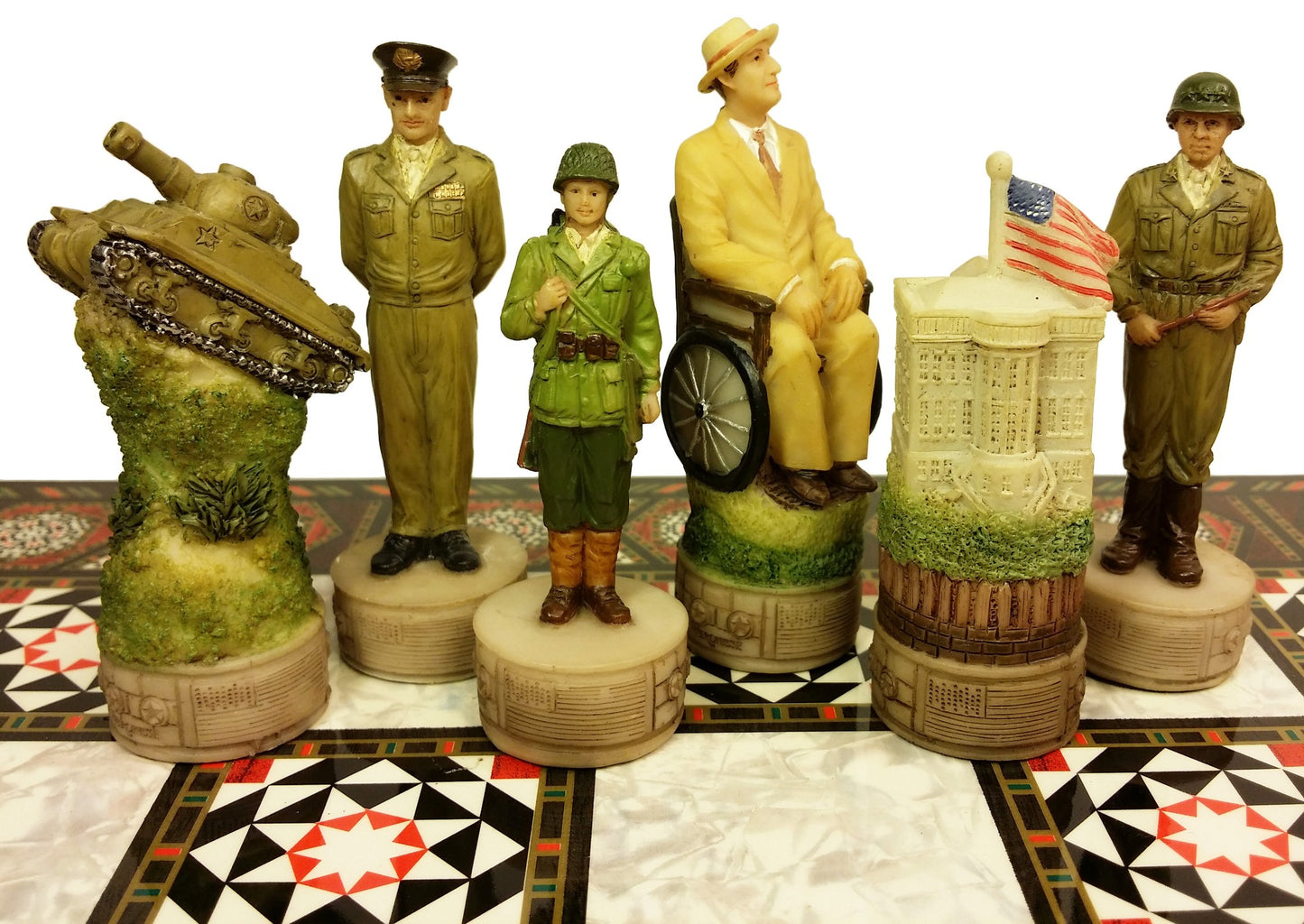 WW2 US vs GERMANY CHESS SET W/ 17" Mosaic Color Board World War 2