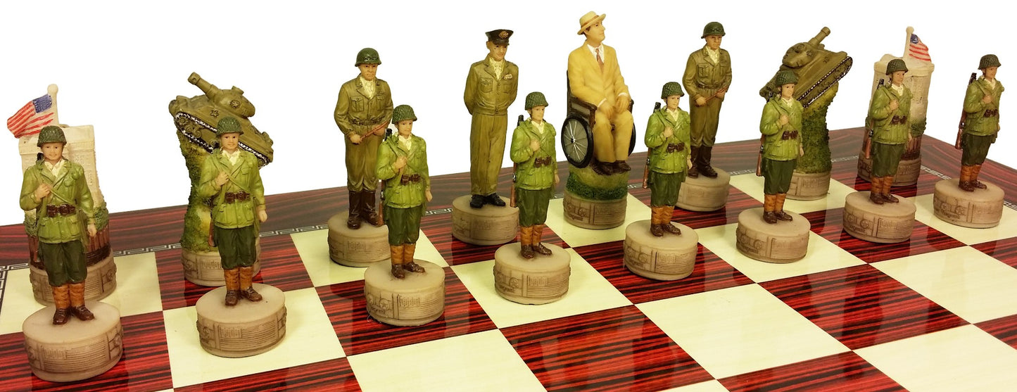 WW2 US vs GERMANY Chess Set W 17" Gloss Cherry Color Board World War 2