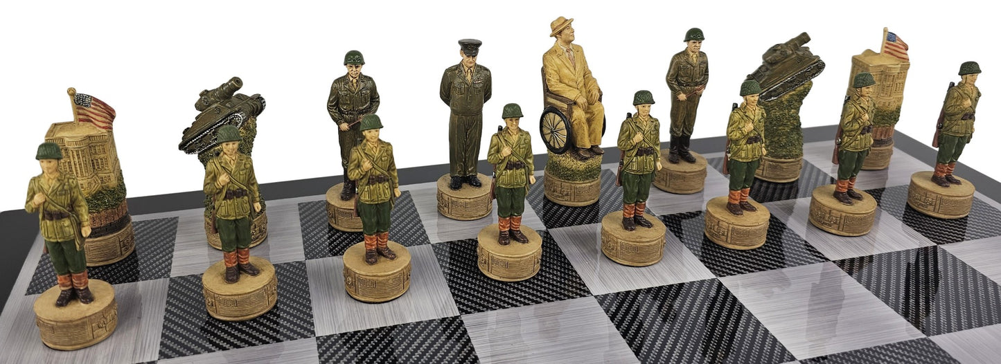 WW2 US vs GERMANY Chess Set W/ 18" Carbon Fiber Color Board World War 2