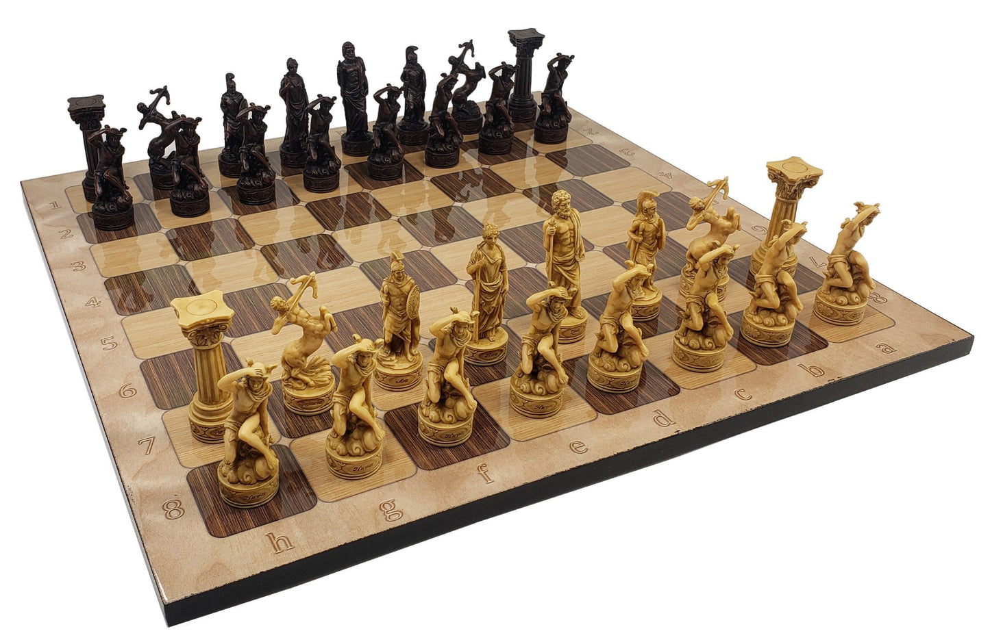 Greek Roman Mythology Gods CHESS SET W/ 17" Rustic Ebony and Maple Color Board