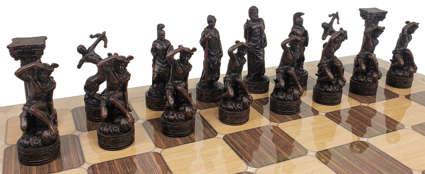 Greek Roman Mythology Gods CHESS SET W/ 17" Rustic Ebony and Maple Color Board