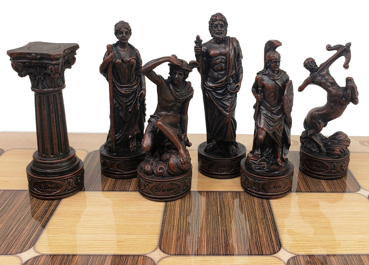 Greek Roman Mythology Gods CHESS SET W/ 17" Rustic Ebony and Maple Color Board