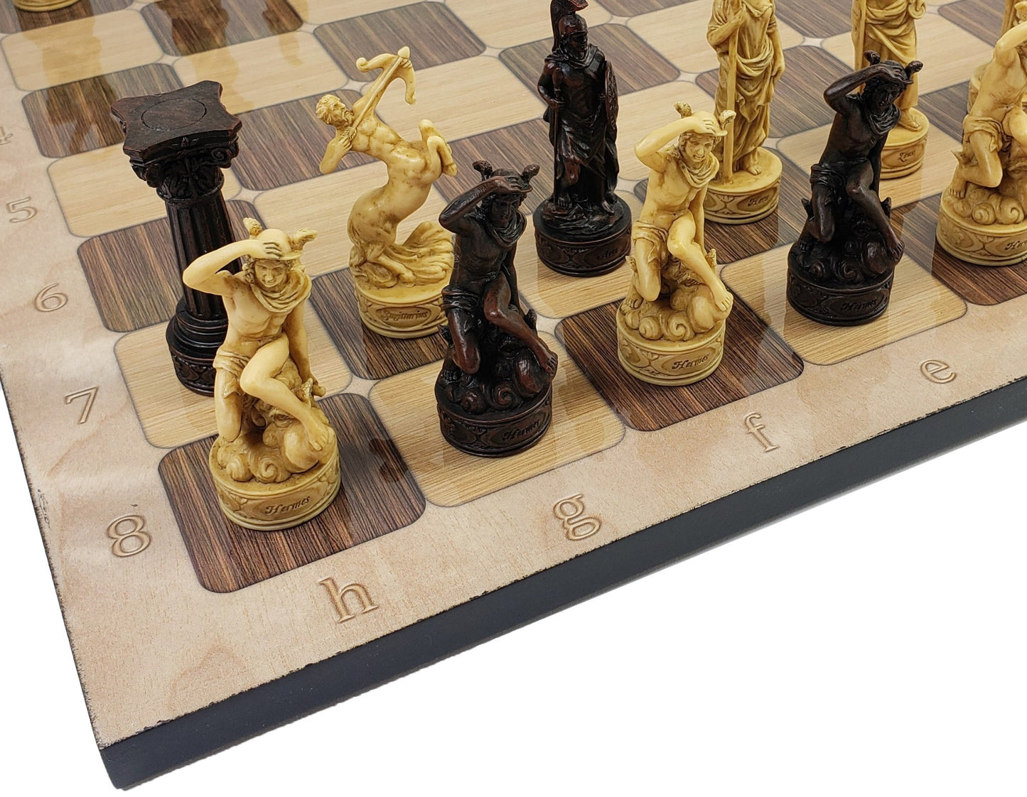Greek Roman Mythology Gods CHESS SET W/ 17" Rustic Ebony and Maple Color Board