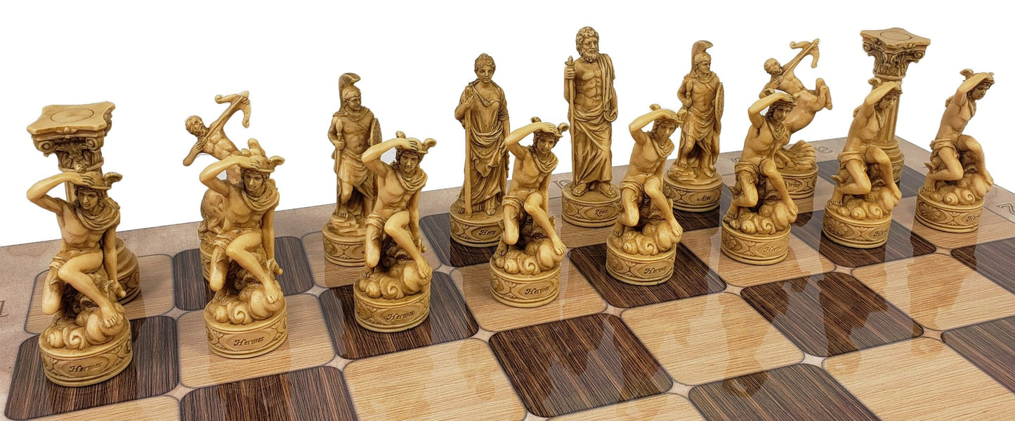 Greek Roman Mythology Gods CHESS SET W/ 17" Rustic Ebony and Maple Color Board