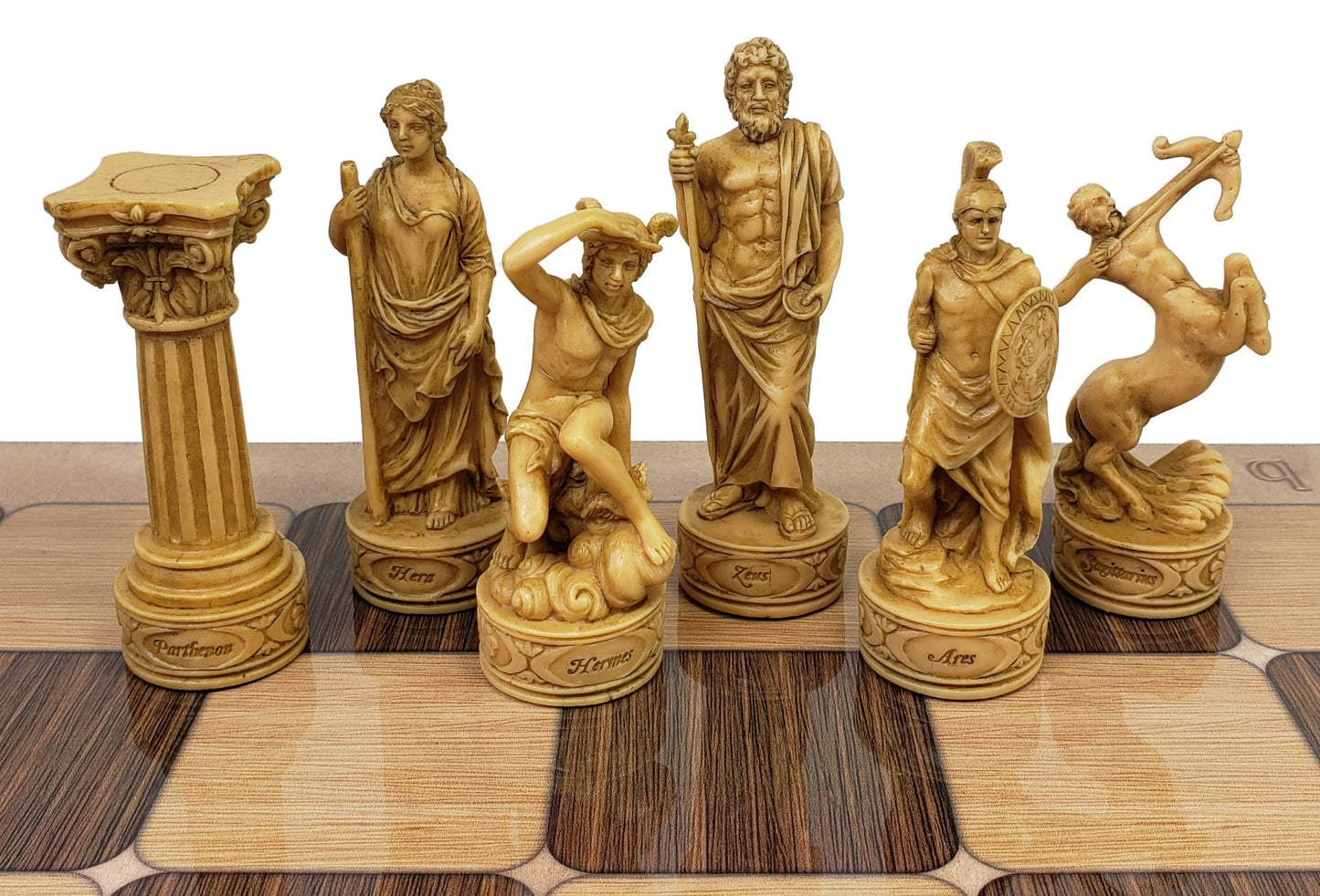 Greek Roman Mythology Gods CHESS SET W/ 17" Rustic Ebony and Maple Color Board