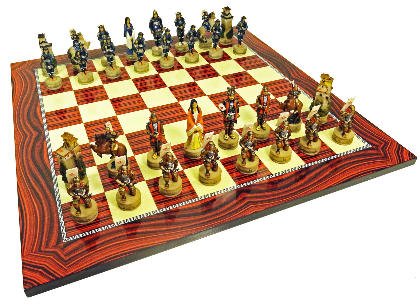 Japanese Samurai Warrior Chess Set W/ 17" HIGH GLOSS CHERRY COLOR BOARD