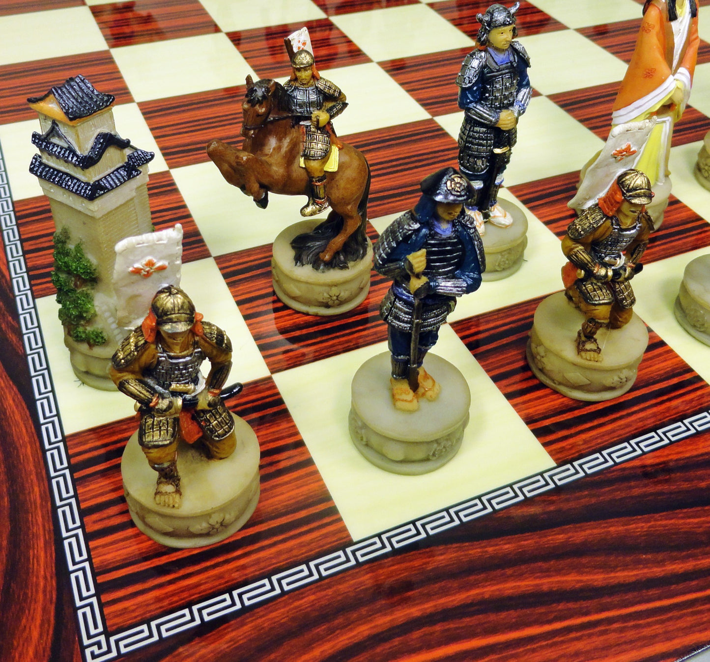 Japanese Samurai Warrior Chess Set W/ 17" HIGH GLOSS CHERRY COLOR BOARD