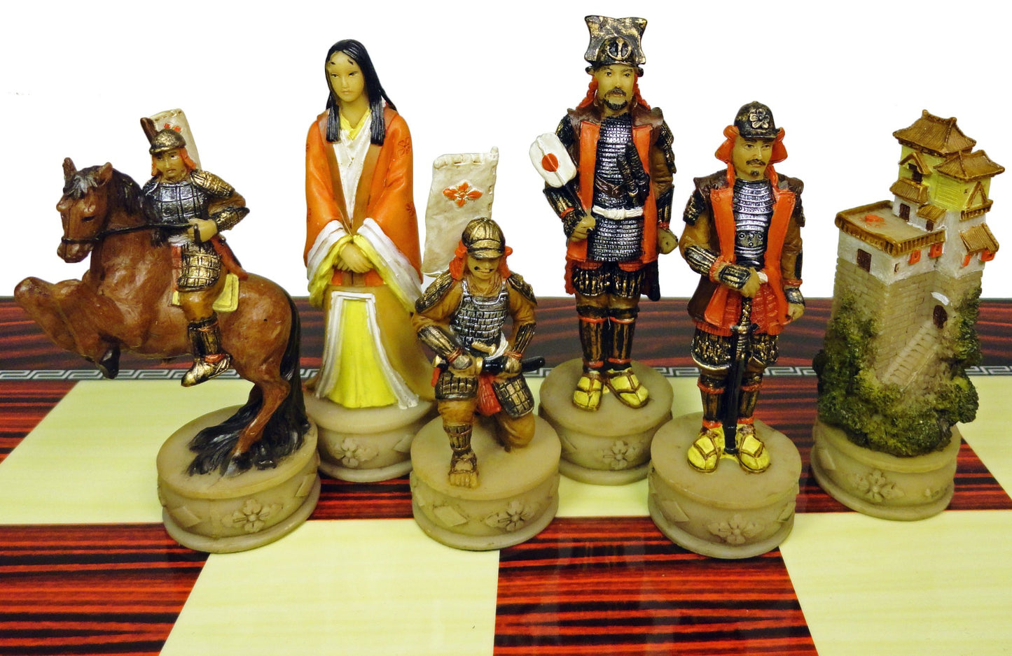 Japanese Samurai Warrior Chess Set W/ 17" HIGH GLOSS CHERRY COLOR BOARD