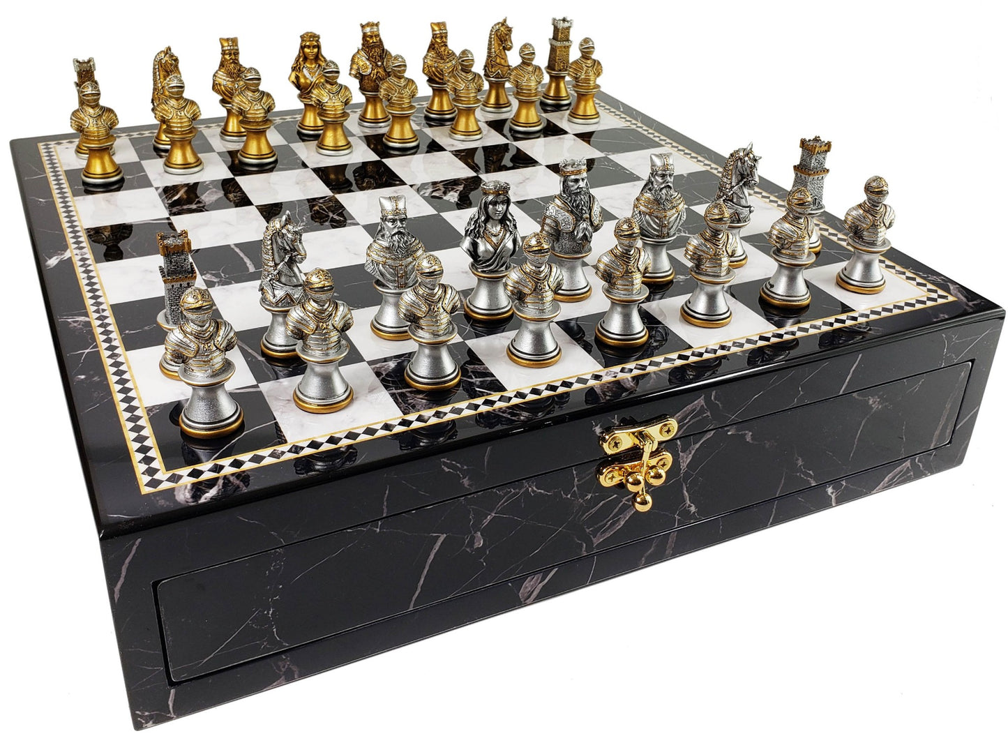 Medieval Times Crusades Busts GOLD SILVER Chess Set Black Faux Marble Storage BD