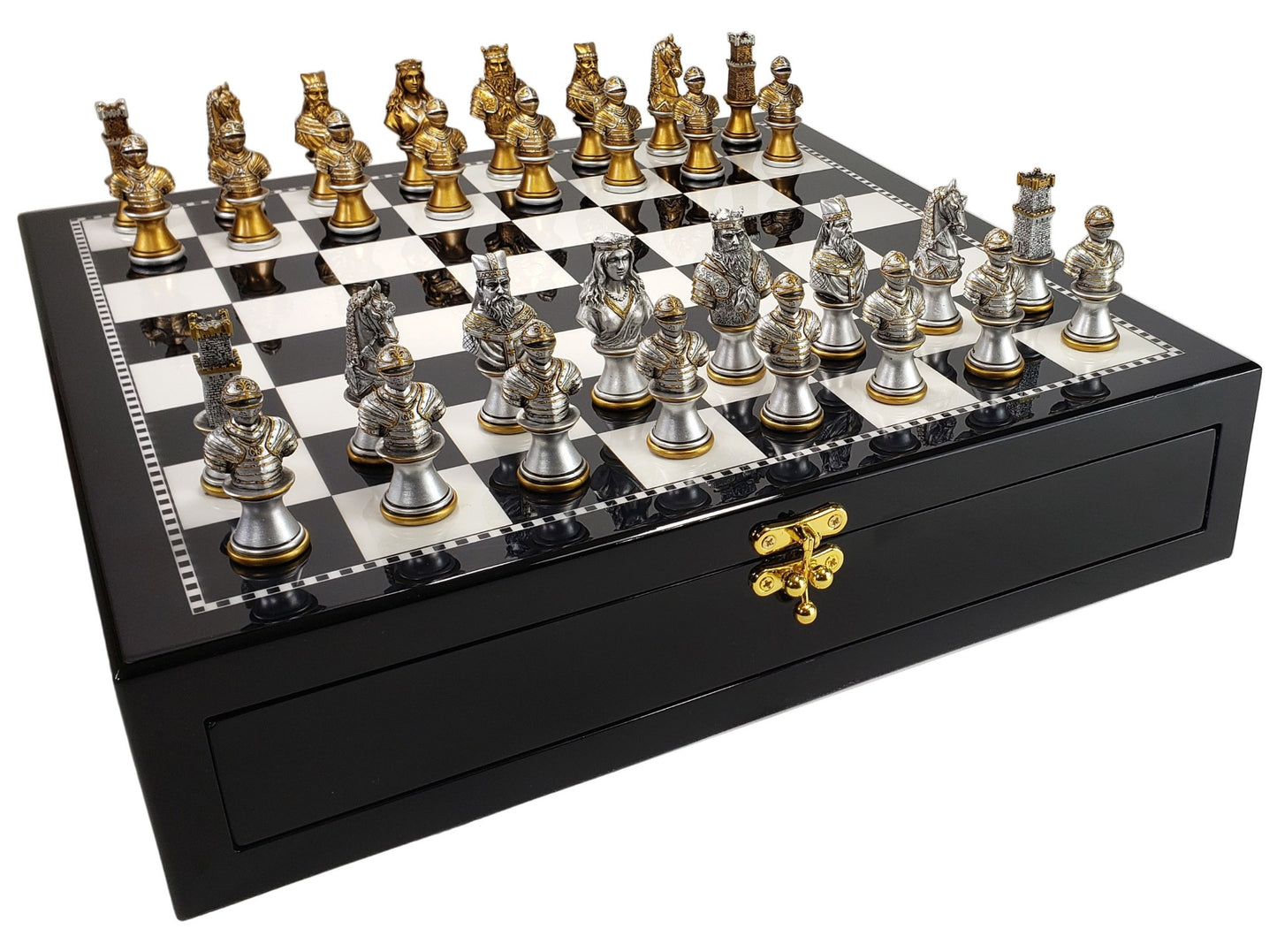 Medieval Times Crusades Gold & Silver Busts Chess Set Black & White Storage Board