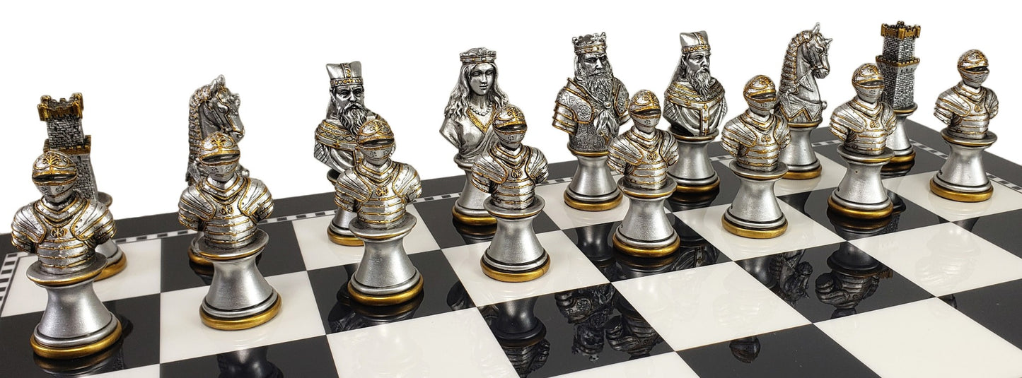 Medieval Times Crusades Gold & Silver Busts Chess Set Black & White Storage Board