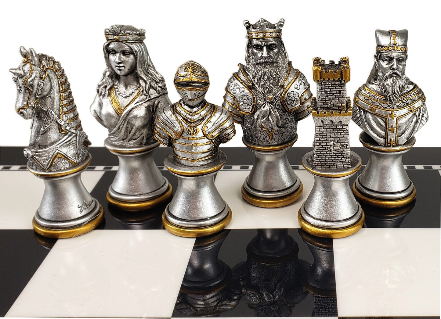 Medieval Times Crusades Gold & Silver Busts Chess Set Black & White Storage Board