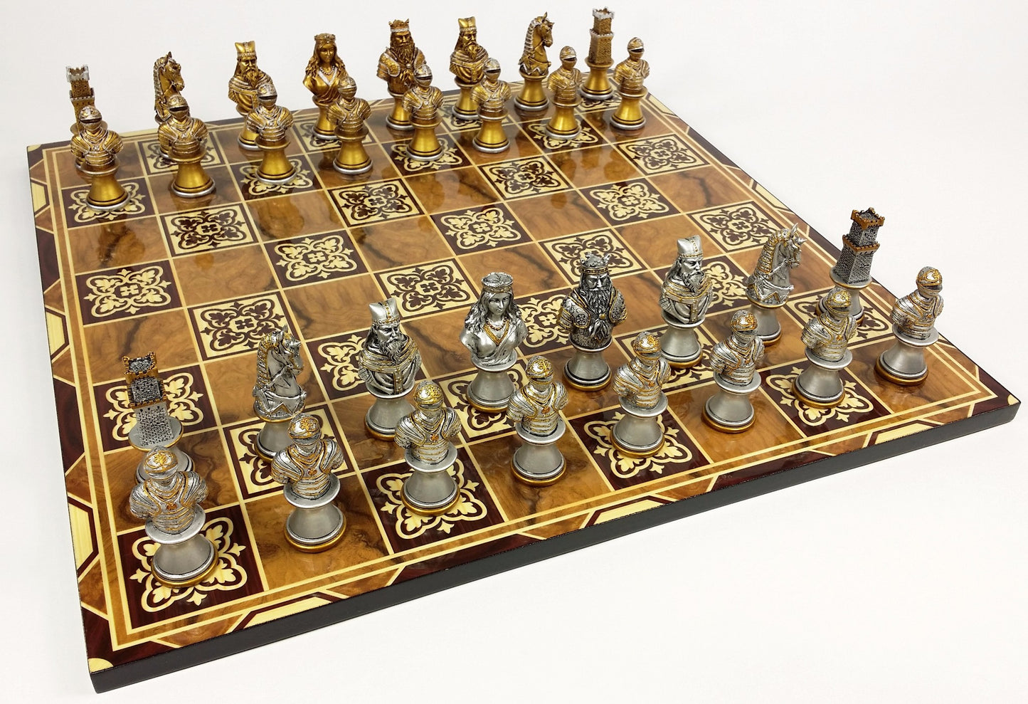 Medieval Times Crusade Gold & Silver Busts Chess Set 17" Burlwood Color Board