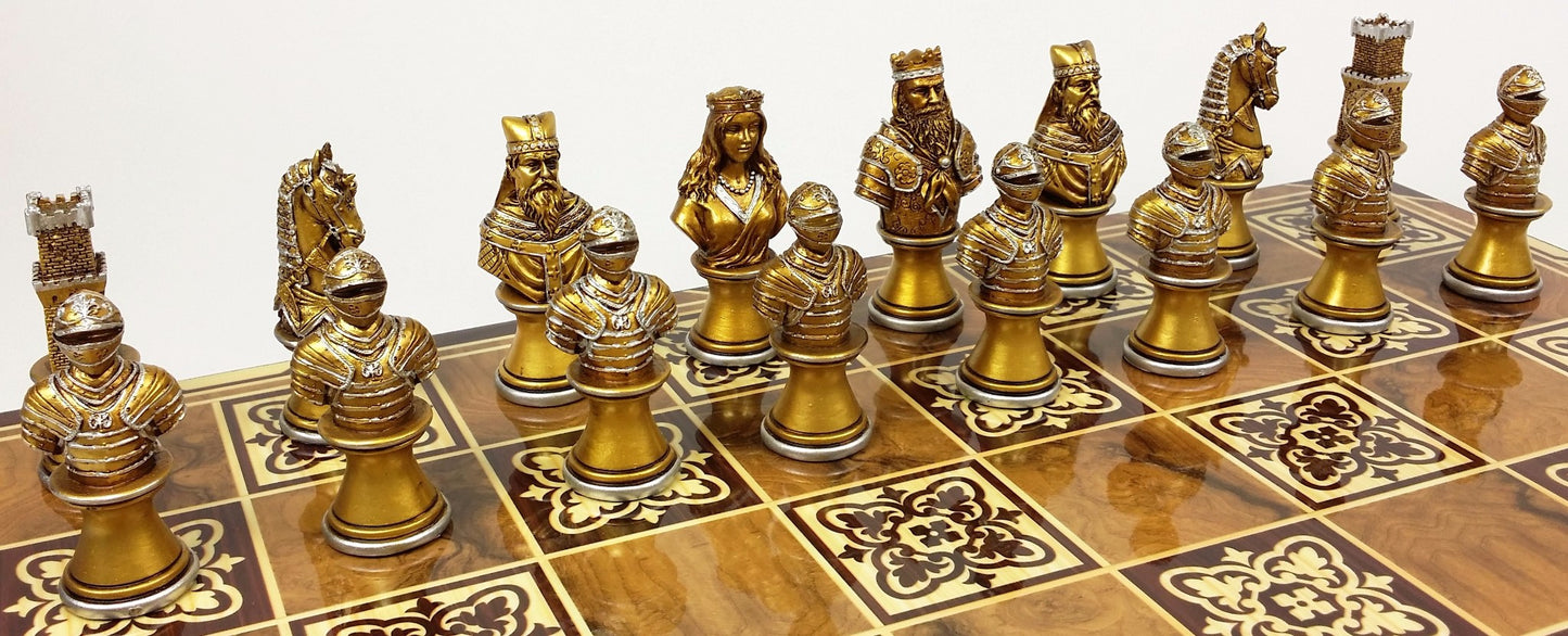 Medieval Times Crusade Gold & Silver Busts Chess Set 17" Burlwood Color Board