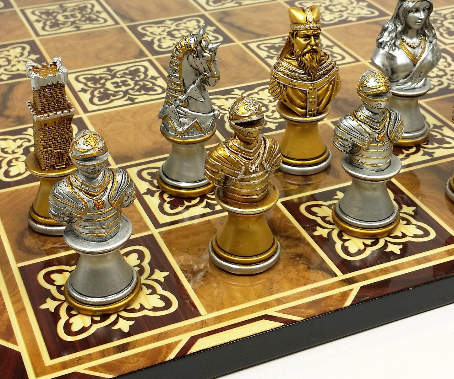 Medieval Times Crusade Gold & Silver Busts Chess Set 17" Burlwood Color Board