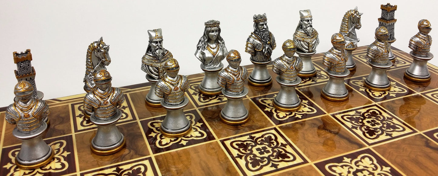 Medieval Times Crusade Gold & Silver Busts Chess Set 17" Burlwood Color Board