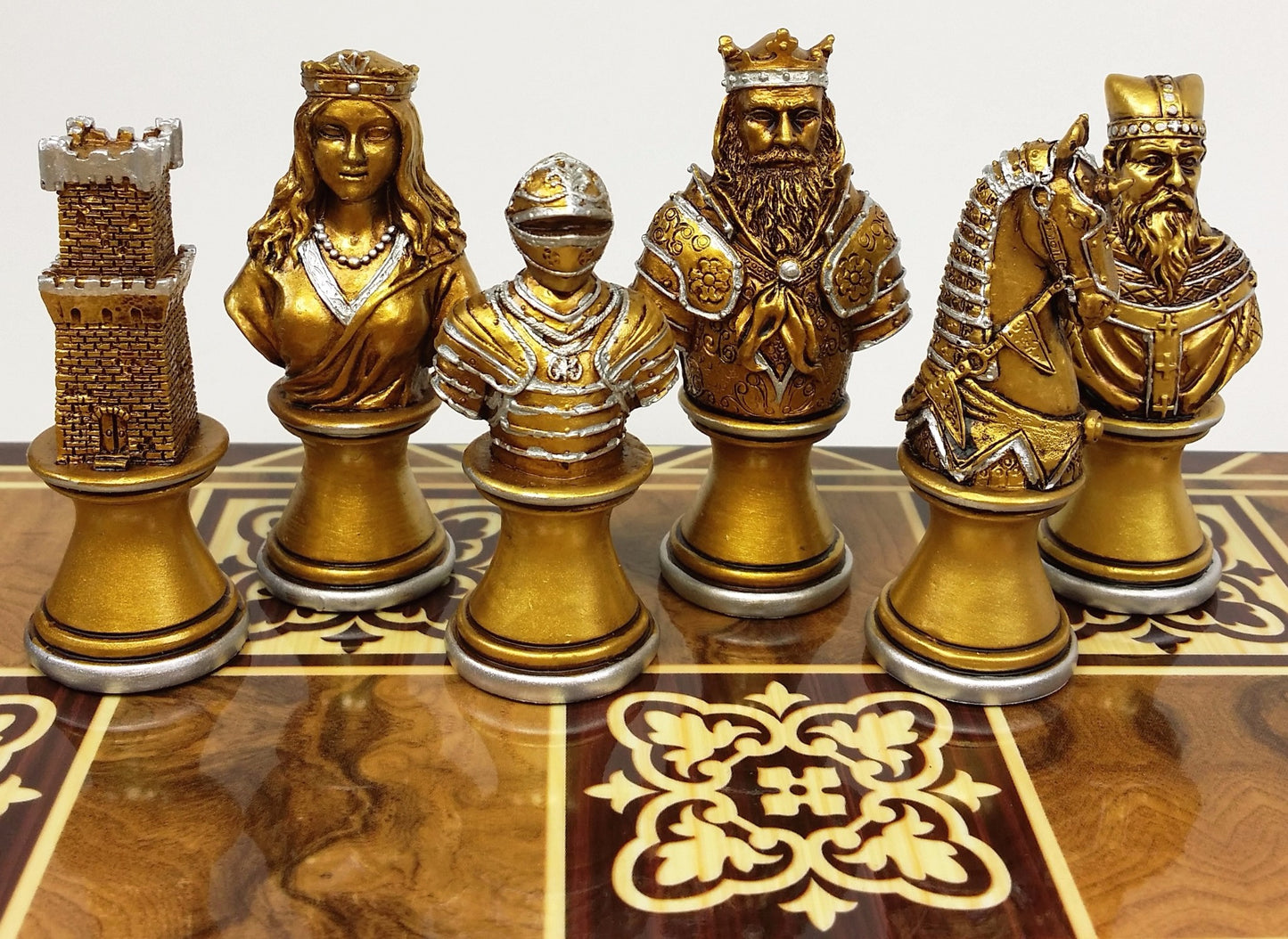 Medieval Times Crusade Gold & Silver Busts Chess Set 17" Burlwood Color Board
