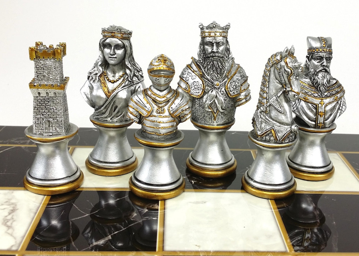 Medieval Times CRUSADE Gold Silver Busts Chess Set Black White Faux Marble Board