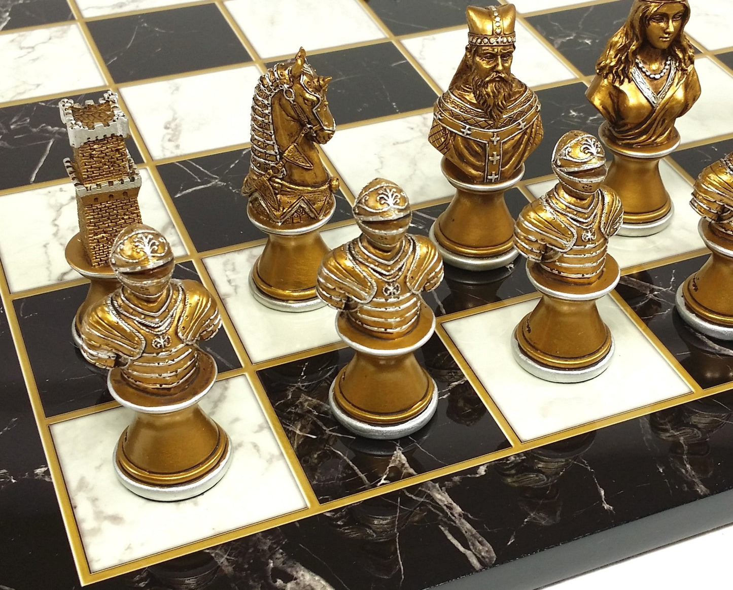 Medieval Times CRUSADE Gold Silver Busts Chess Set Black White Faux Marble Board