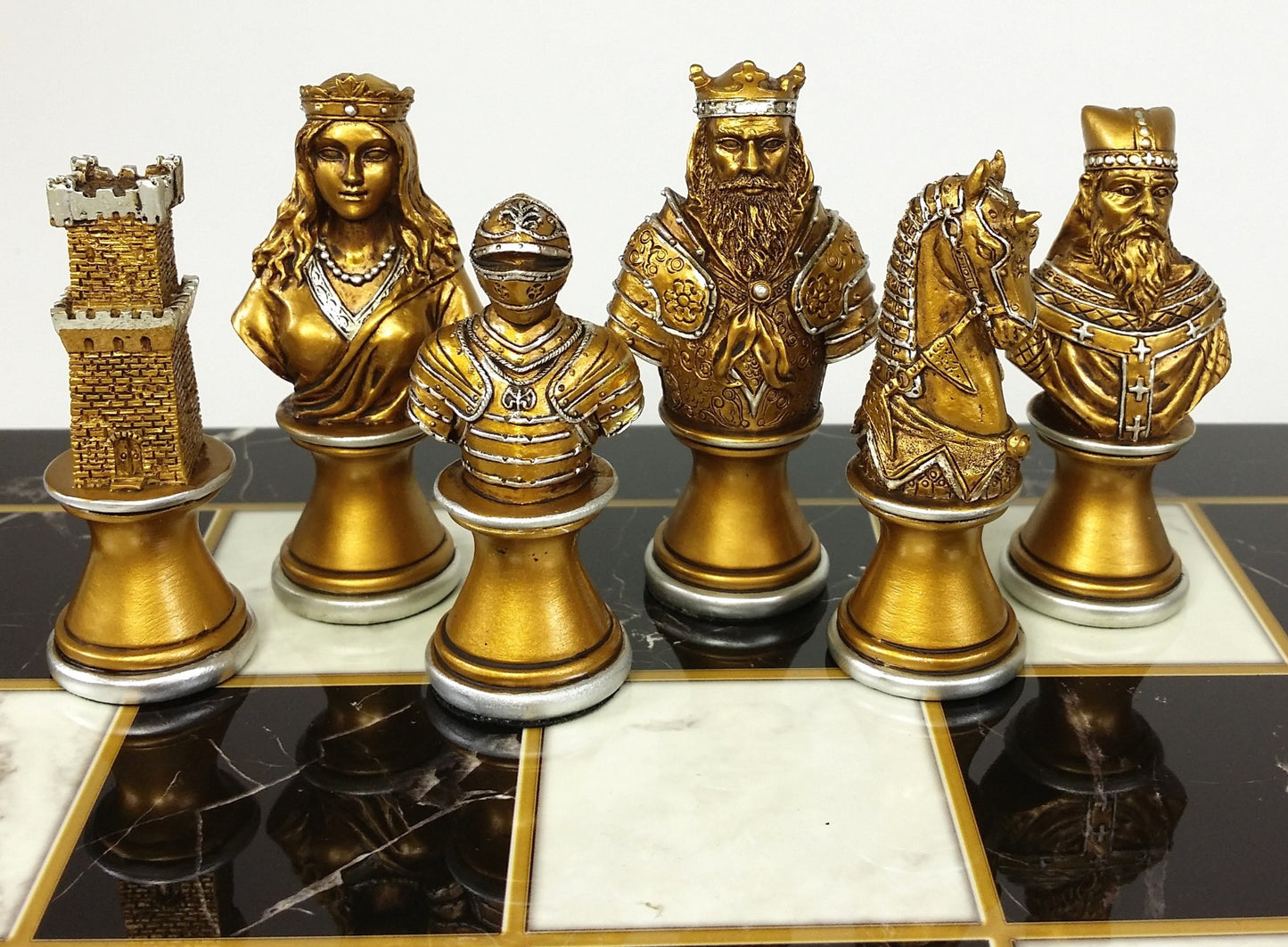 Medieval Times CRUSADE Gold Silver Busts Chess Set Black White Faux Marble Board