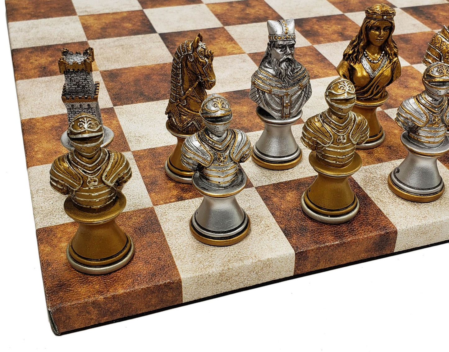Medieval Times CRUSADE Gold Silver Busts CHESS Set w14.5 Caramel Faux Leather Bd