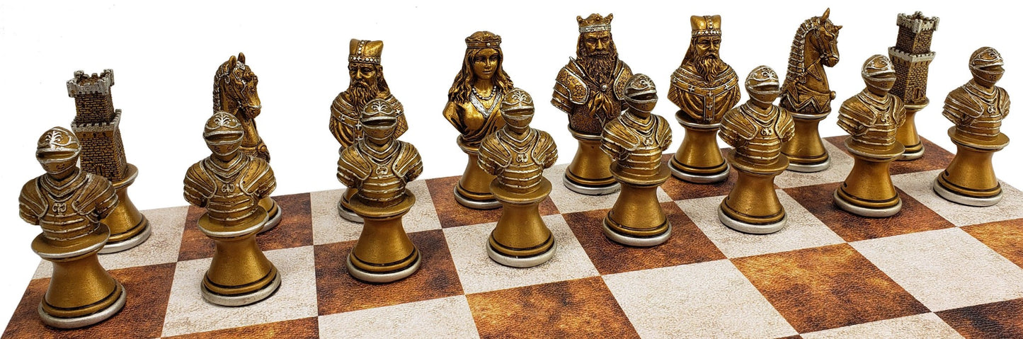 Medieval Times CRUSADE Gold Silver Busts CHESS Set w14.5 Caramel Faux Leather Bd