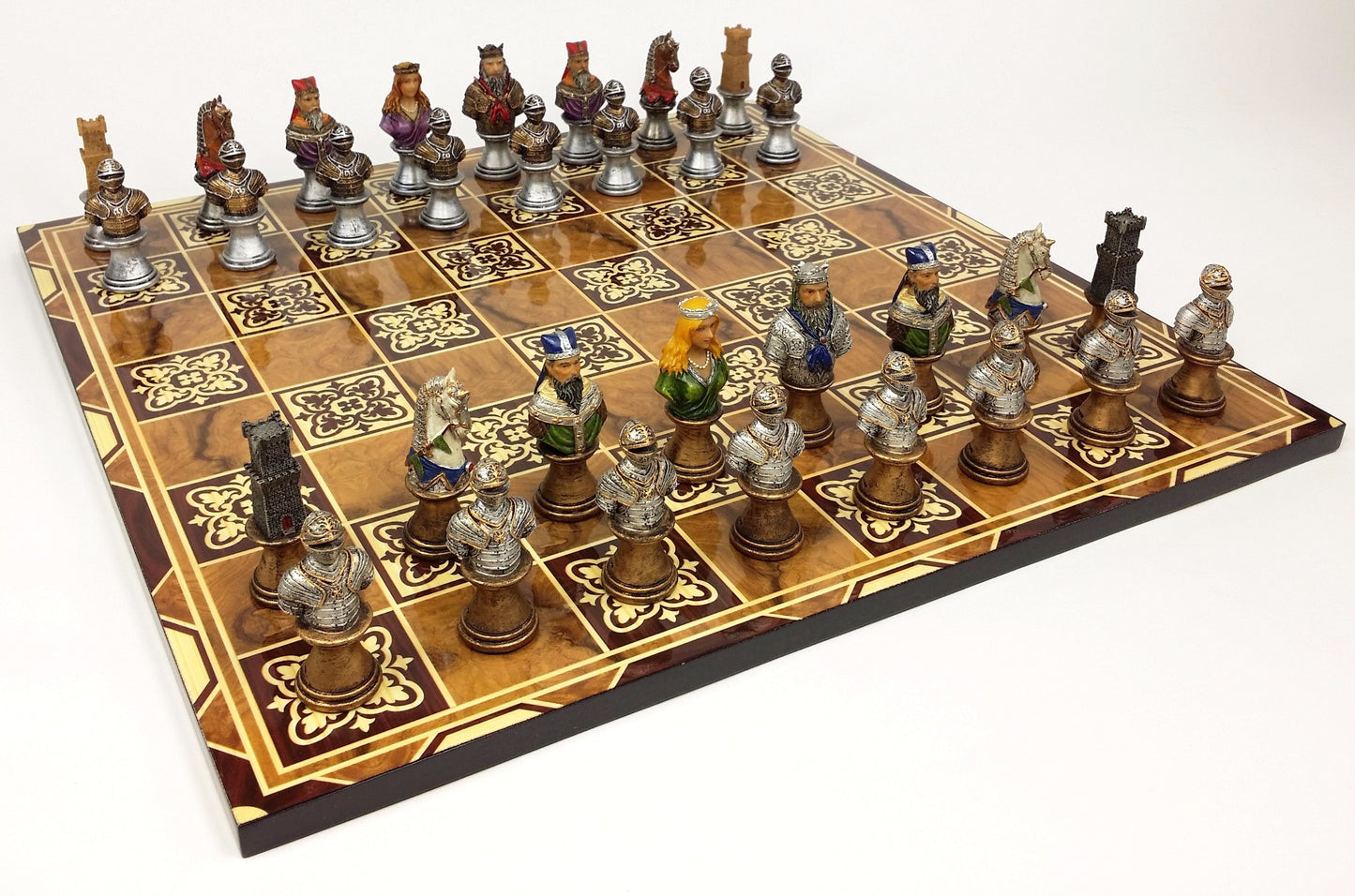Medieval Times Crusade Painted Busts Knight Chess Set 17" Burlwood Color Board