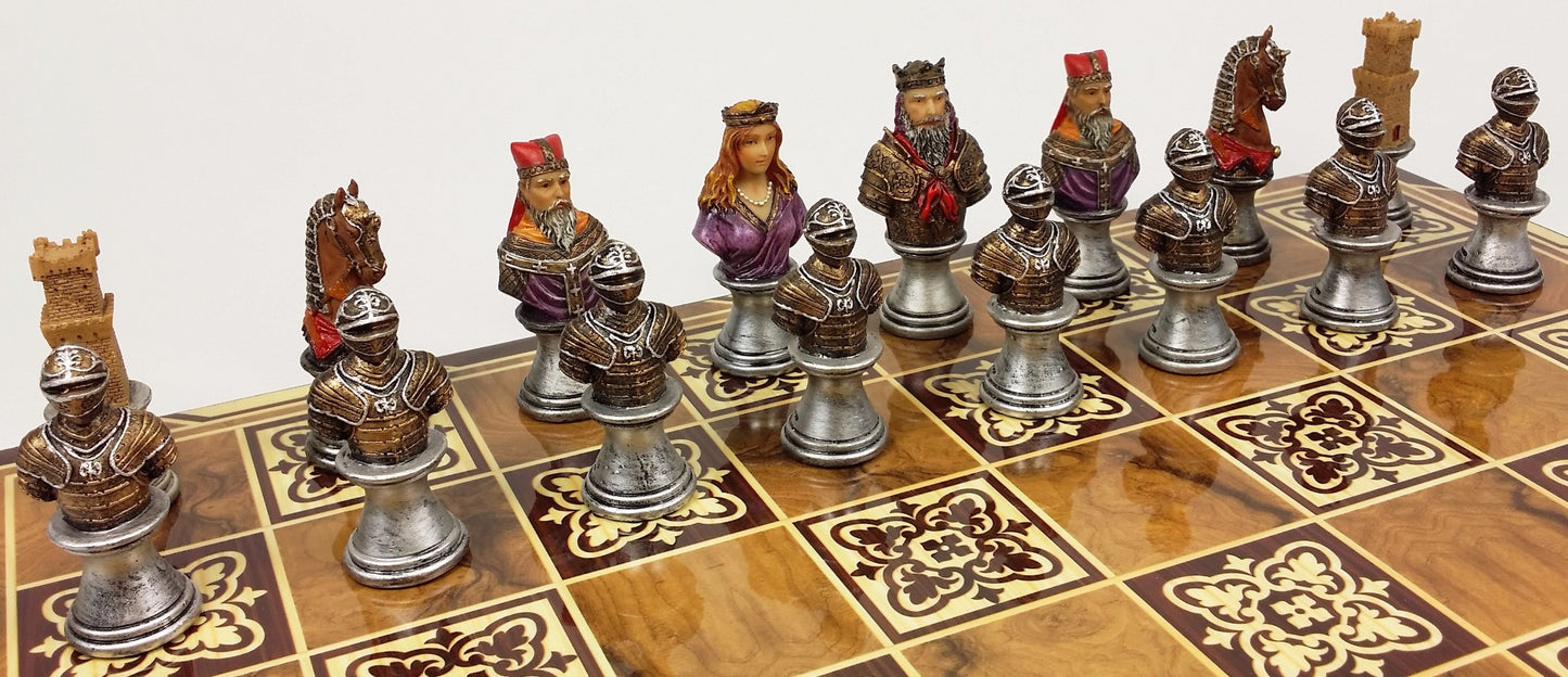 Medieval Times Crusade Painted Busts Knight Chess Set 17" Burlwood Color Board