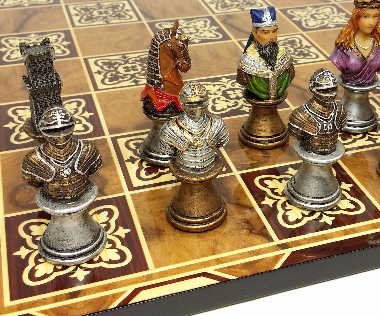 Medieval Times Crusade Painted Busts Knight Chess Set 17" Burlwood Color Board