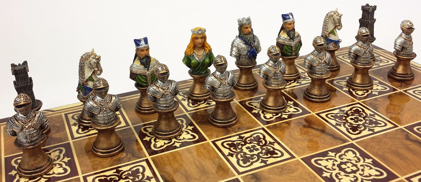 Medieval Times Crusade Painted Busts Knight Chess Set 17" Burlwood Color Board