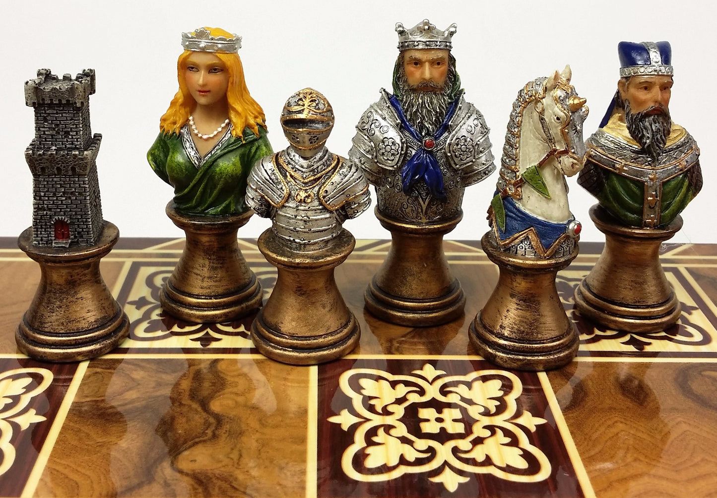 Medieval Times Crusade Painted Busts Knight Chess Set 17" Burlwood Color Board