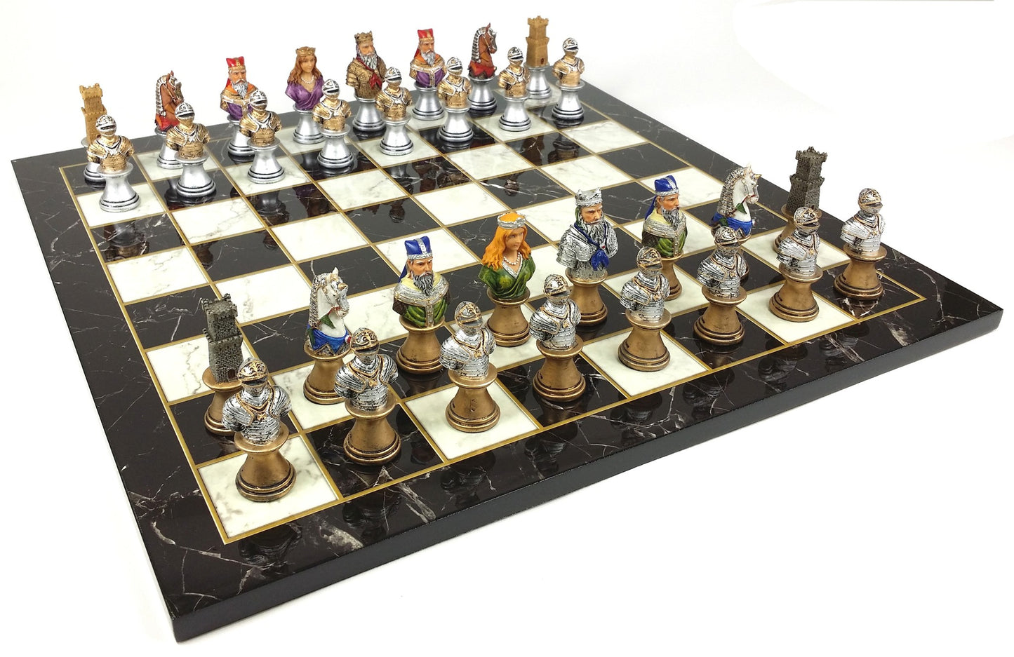 Medieval Times Crusade Busts Painted Chess Set 17" Black White Faux Marble Board