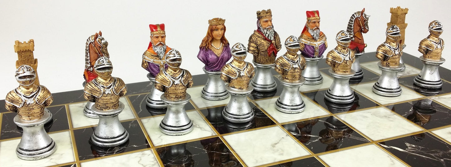 Medieval Times Crusade Busts Painted Chess Set 17" Black White Faux Marble Board