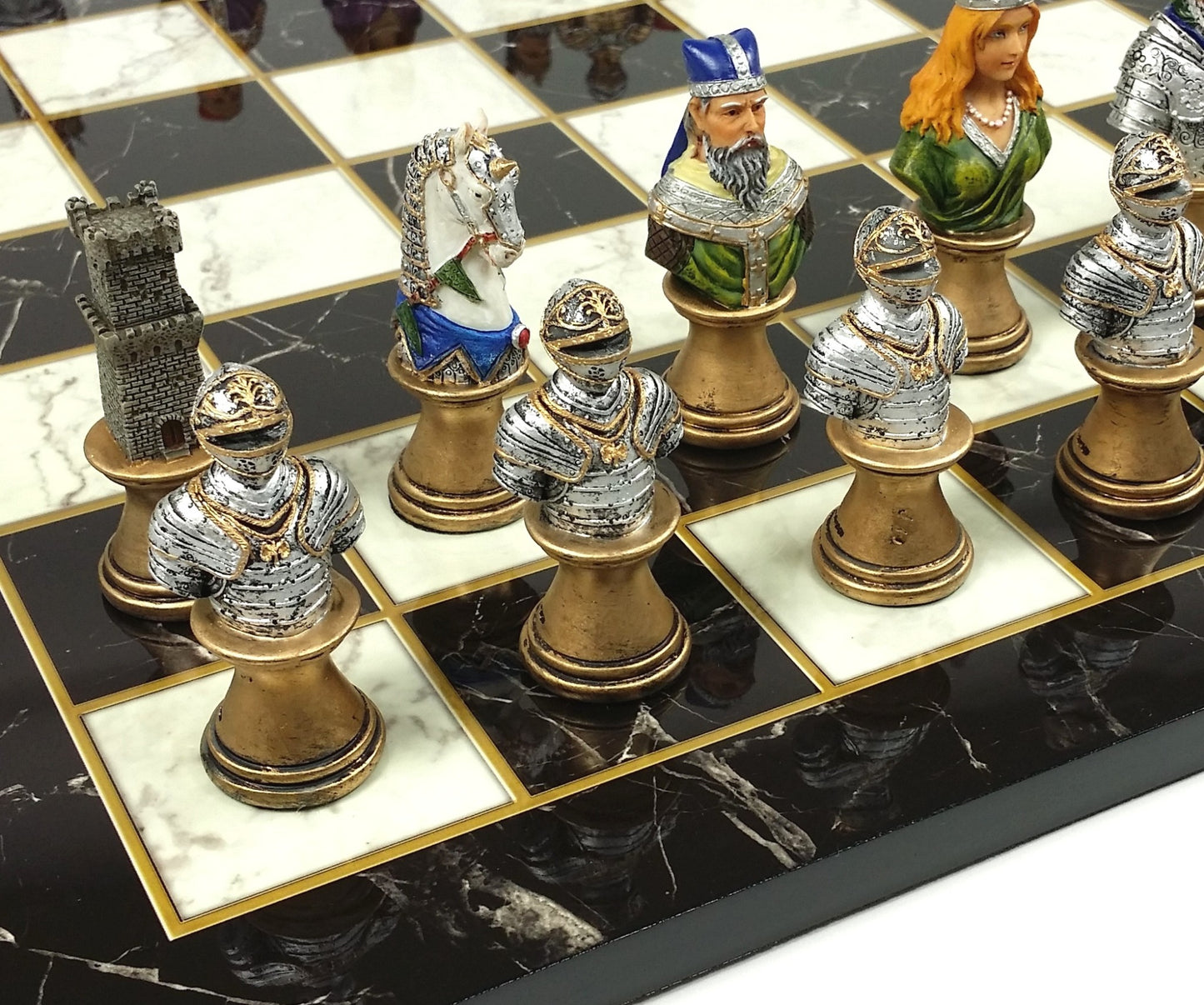 Medieval Times Crusade Busts Painted Chess Set 17" Black White Faux Marble Board
