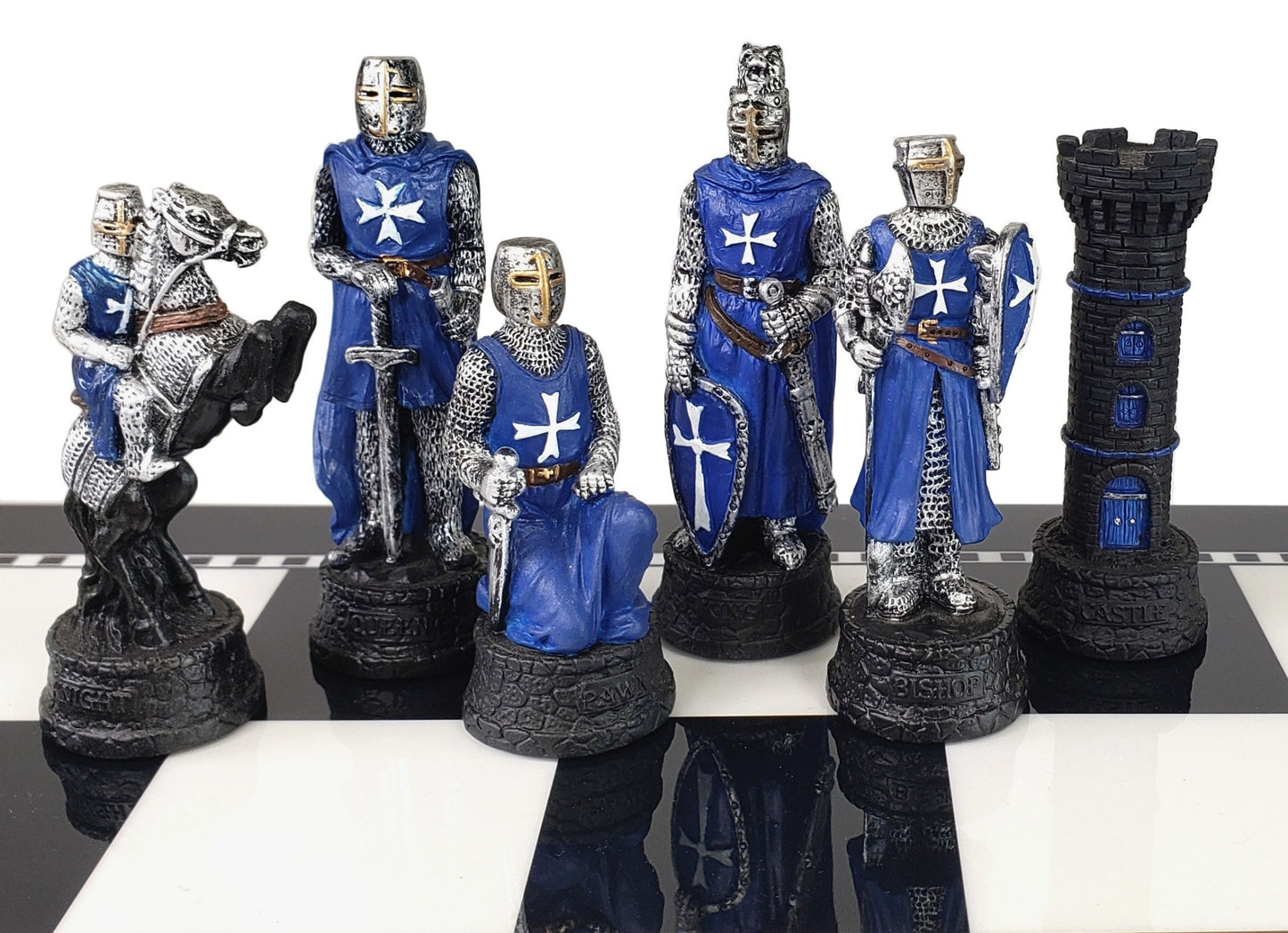 Medieval Times Crusades BLUE & WHITE Maltese Chess Set Black White Storage Board