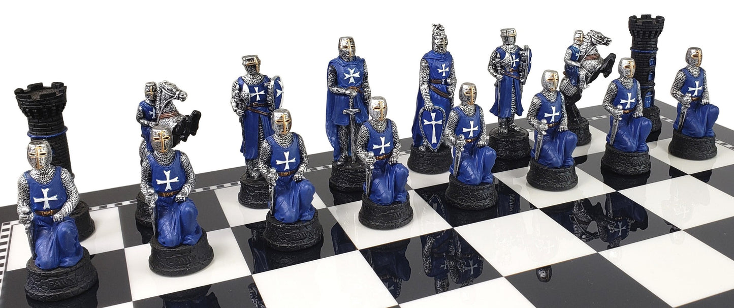 Medieval Times Crusades BLUE & WHITE Maltese Chess Set Black White Storage Board