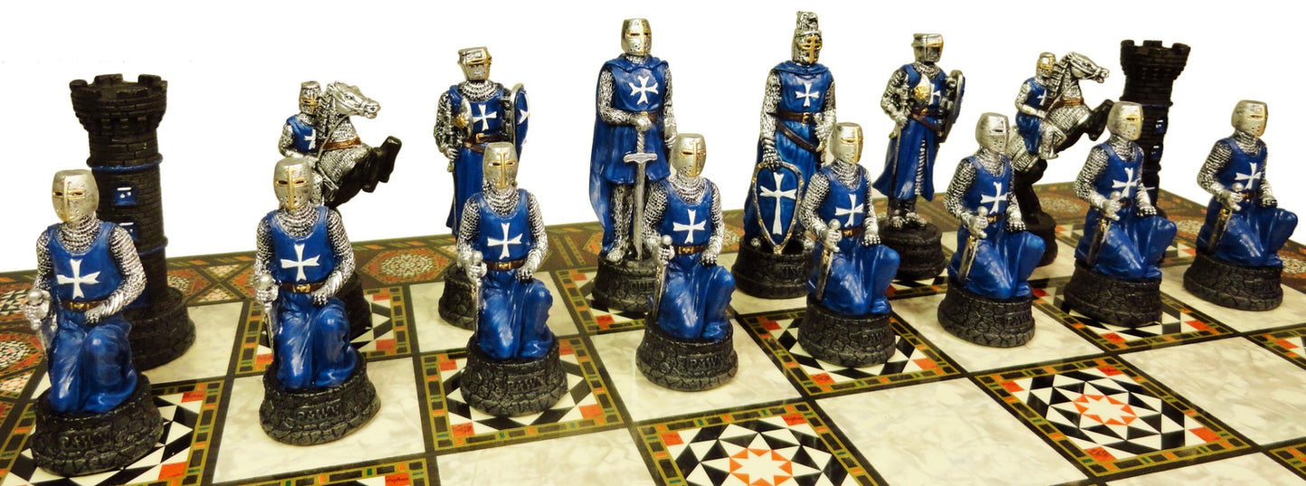 Medieval Times Crusades RED BLUE Maltese Knight Chess Set 17" Mosaic Color Board