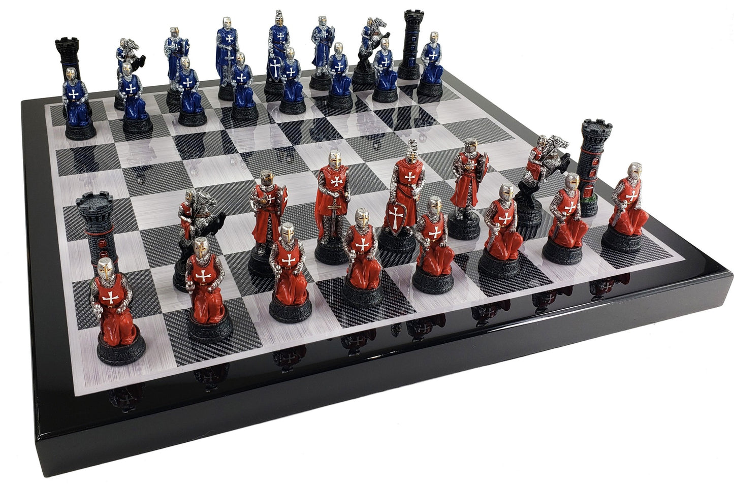 Medieval Times Crusades RED BLUE Maltese Chess Set Black Carbon Fiber Color Bd