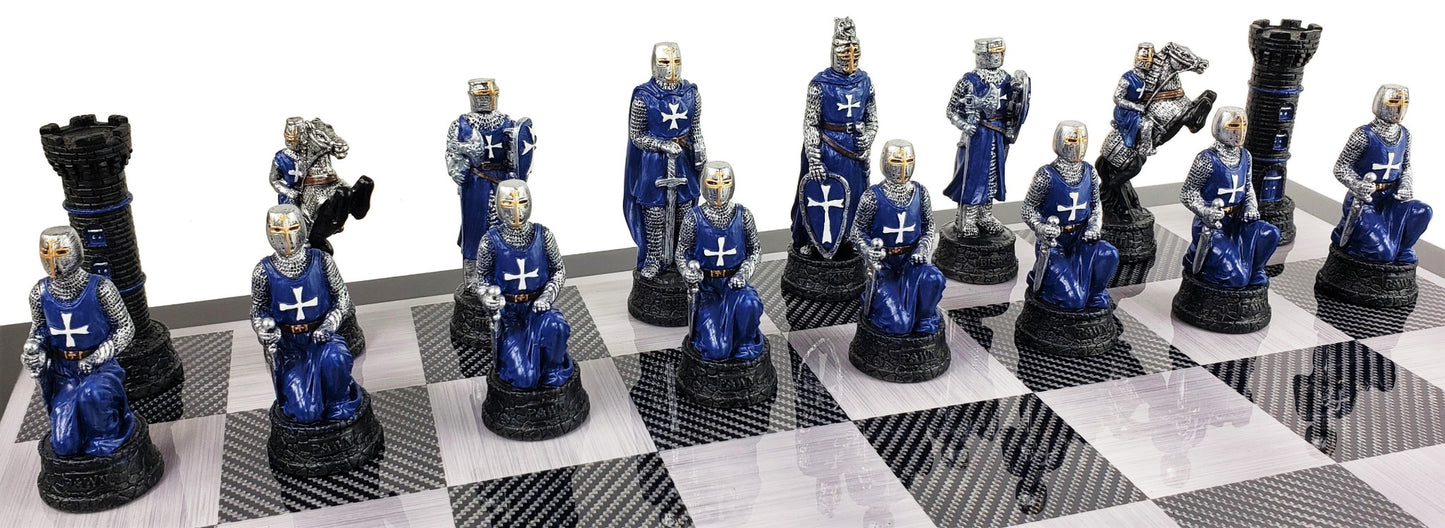 Medieval Times Crusades RED BLUE Maltese Chess Set Black Carbon Fiber Color Bd
