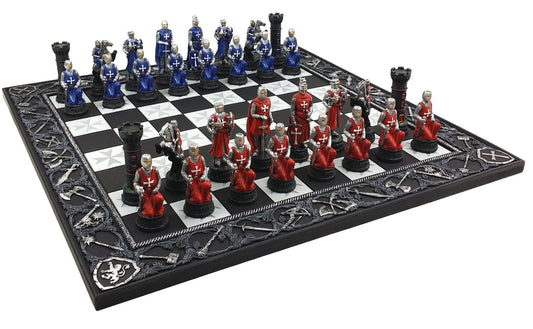 Medieval Times Crusades Blue & Red Armored Maltese Knights Chess Set W 17" Board