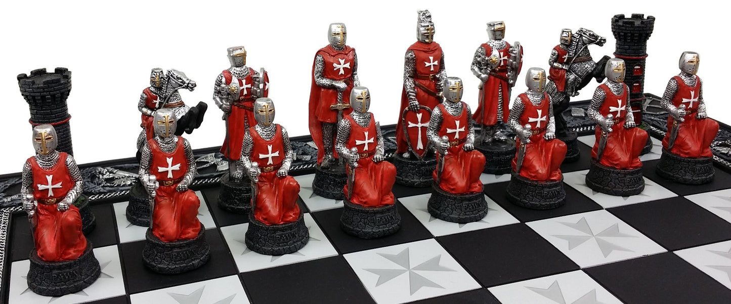 Medieval Times Crusades Blue & Red Armored Maltese Knights Chess Set W 17" Board
