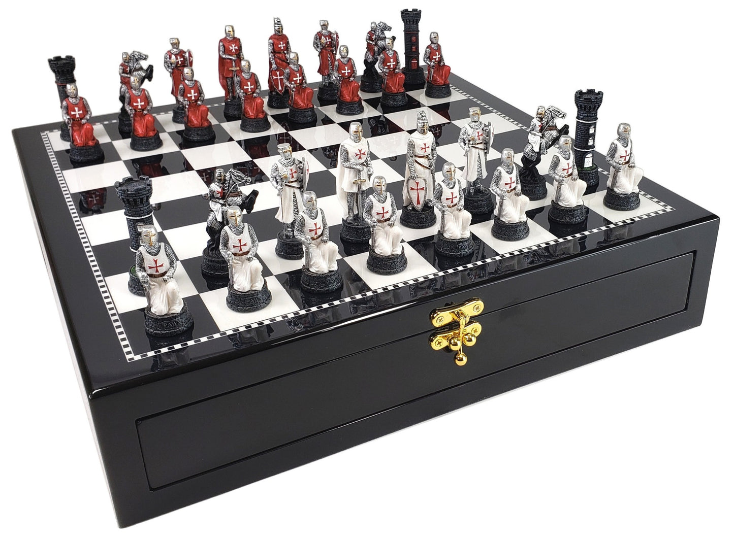 Medieval Times Crusades RED & WHITE MALTESE Chess Set Black White Storage Board