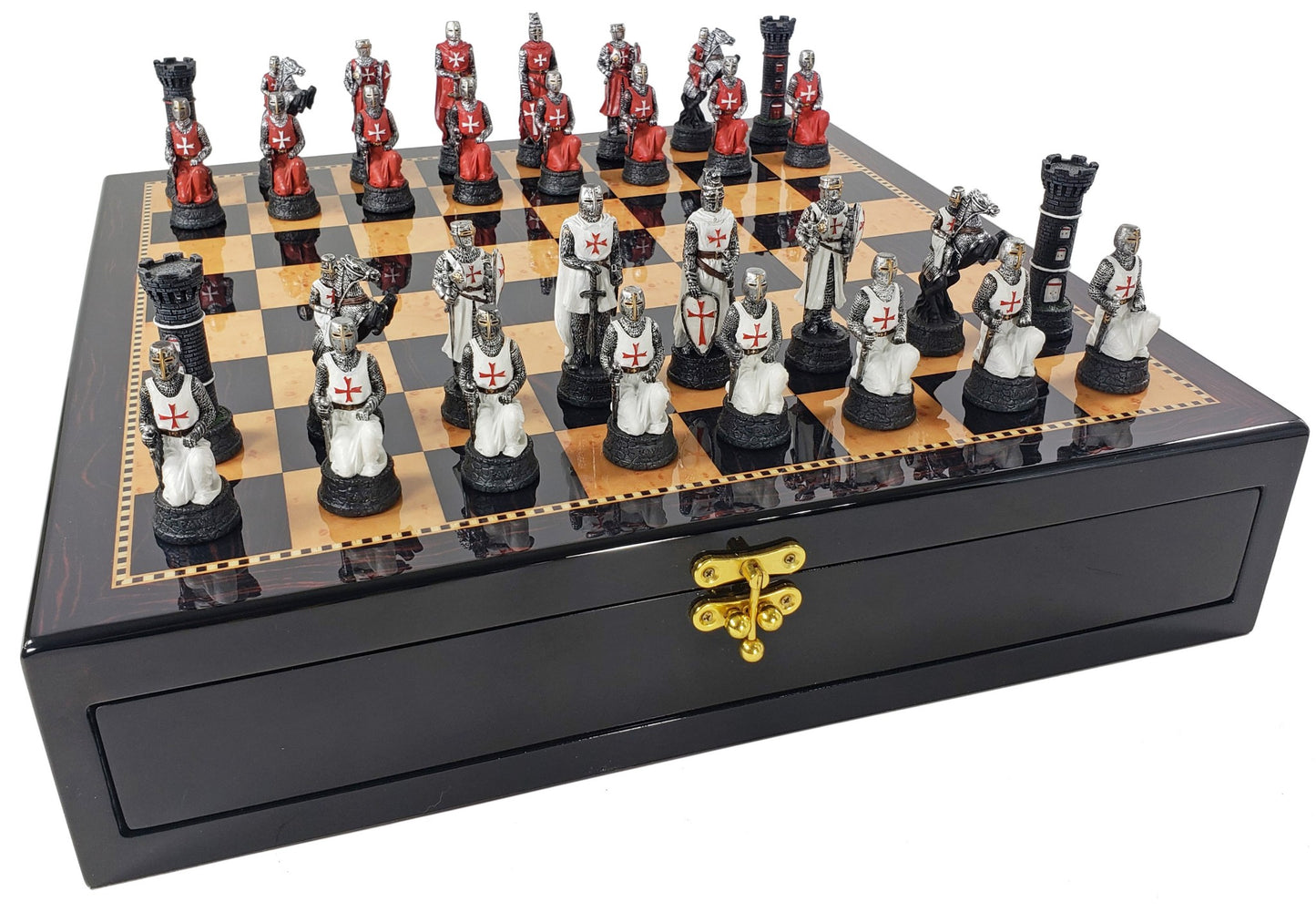 Medieval Times Crusades Red & White Maltese Chess Set Walnut Color Storage Board