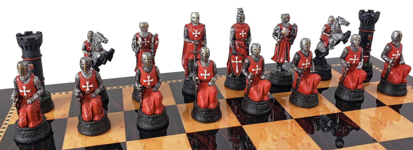 Medieval Times Crusades Red & White Maltese Chess Set Walnut Color Storage Board