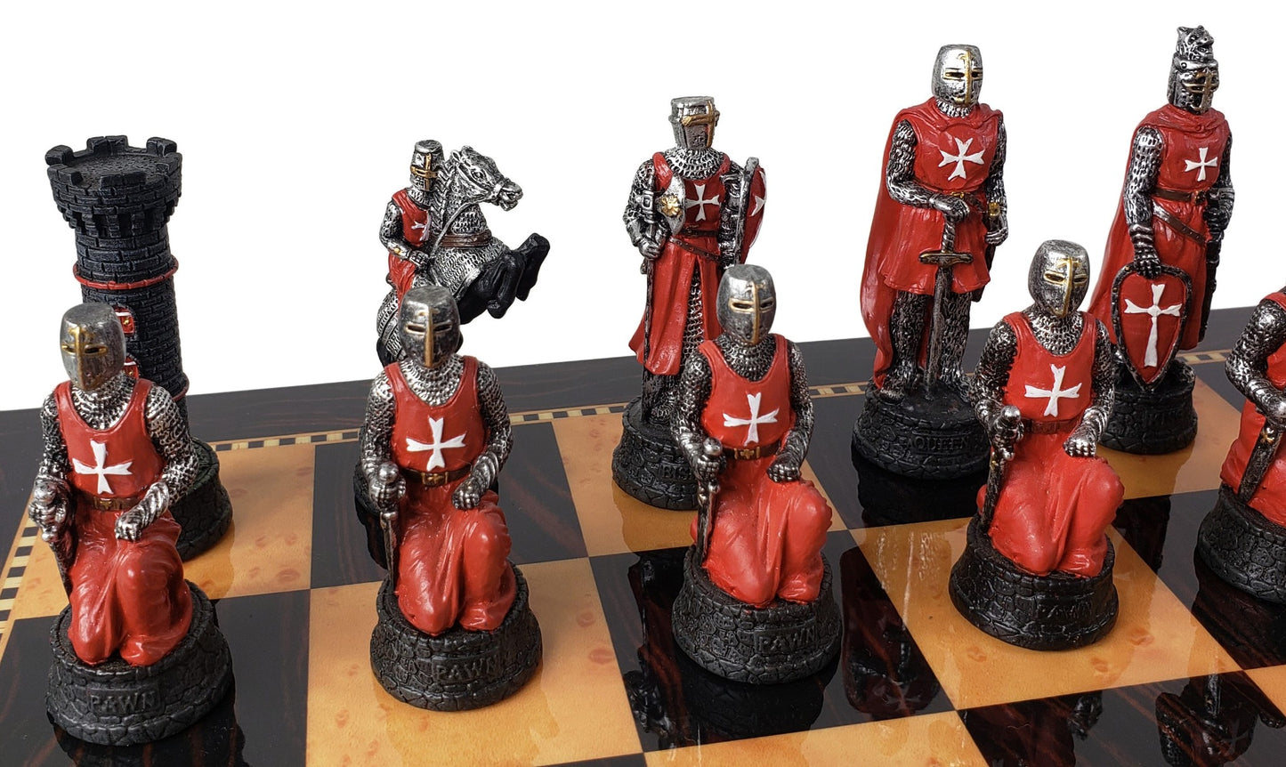 Medieval Times Crusades Red & White Maltese Chess Set Walnut Color Storage Board