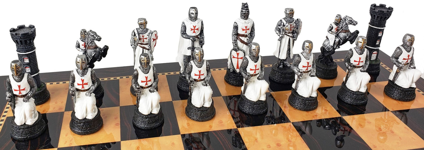 Medieval Times Crusades Red & White Maltese Chess Set Walnut Color Storage Board