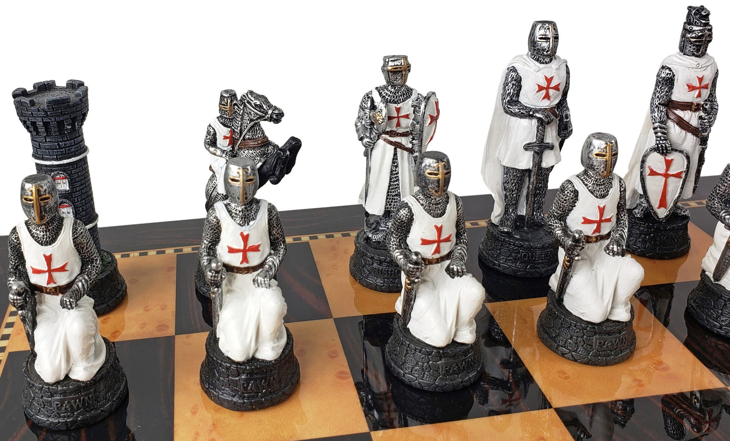 Medieval Times Crusades Red & White Maltese Chess Set Walnut Color Storage Board